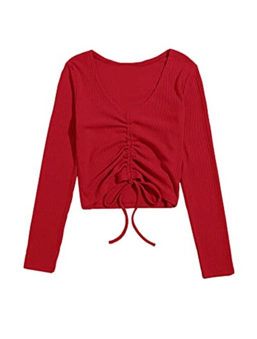 SweatyRocks Women's Long Sleeve V Neck Crop Top Drawstring Ruched Tee Shirt