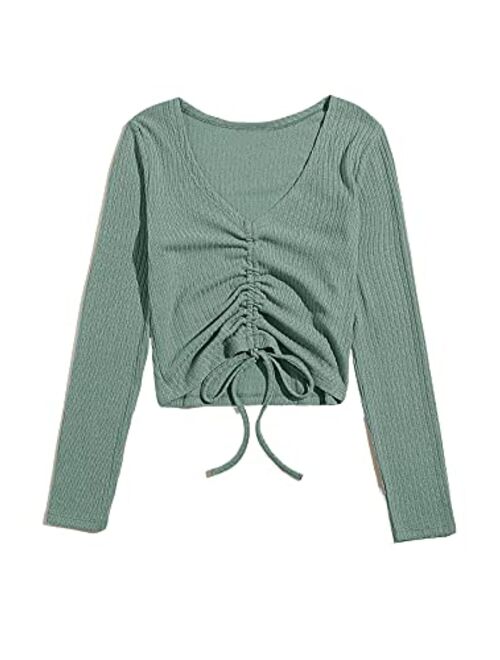 SweatyRocks Women's Long Sleeve V Neck Crop Top Drawstring Ruched Tee Shirt