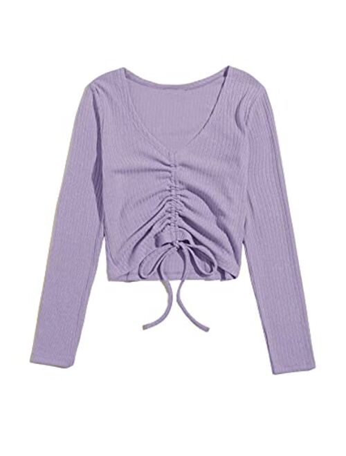 SweatyRocks Women's Long Sleeve V Neck Crop Top Drawstring Ruched Tee Shirt