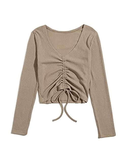 SweatyRocks Women's Long Sleeve V Neck Crop Top Drawstring Ruched Tee Shirt