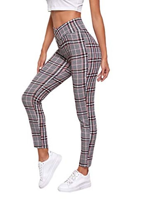 SweatyRocks Women's Casual Plaid Yoga Pants High Waist Tummy Control Workout Leggings