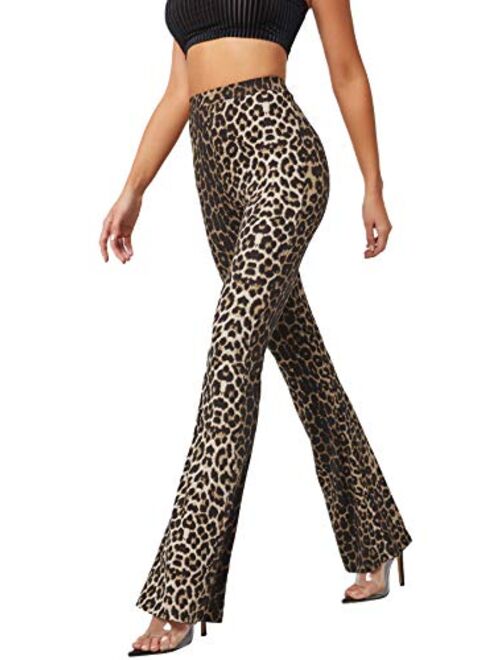 SweatyRocks Women's Boho Comfy Stretchy Leopard Print Bell Bottom Flare Leg Pants