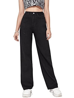 Women's Casual Boyfriend Jeans High Rise Denim Pants with Pocket