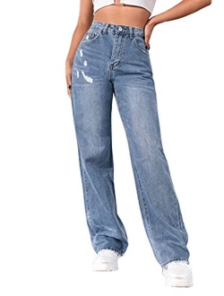 Women's Casual Boyfriend Jeans High Rise Denim Pants with Pocket