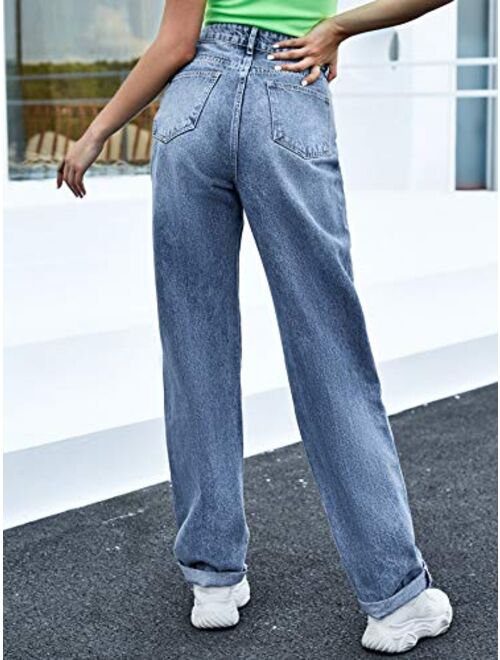 SweatyRocks Women's Casual Boyfriend Jeans High Rise Denim Pants with Pocket