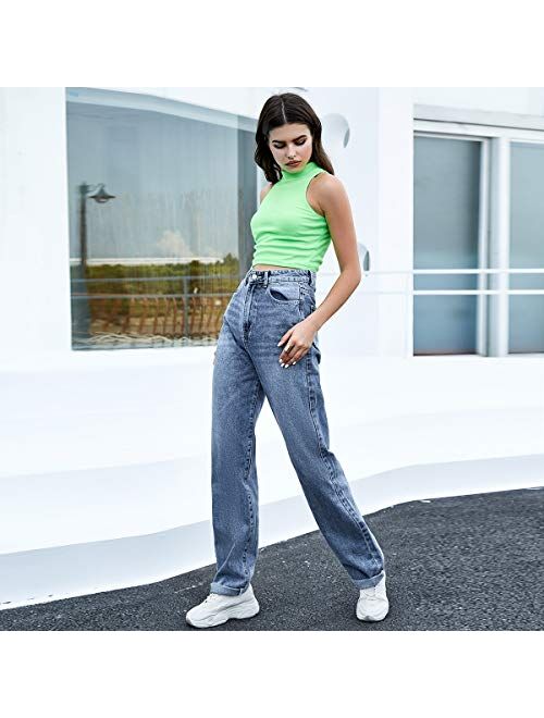 SweatyRocks Women's High Waist Straight Leg Zipper Jeans Casual