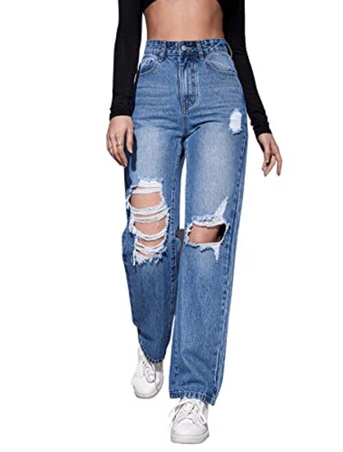 SweatyRocks Women's Ripped Straight Leg Jeans High Waist Distressed Cutout Denim Pants