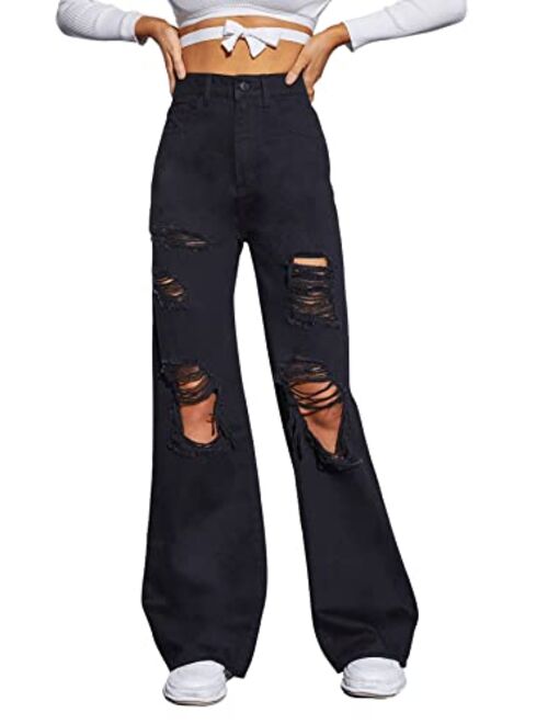 SweatyRocks Women's Ripped Straight Leg Jeans High Waist Distressed Cutout Denim Pants