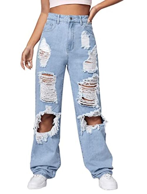 SweatyRocks Women's Ripped Straight Leg Jeans High Waist Distressed Cutout Denim Pants