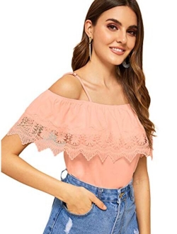 Women's Spaghetti Strap Cold Shoulder Tops Short Sleeve Lace Trim Shirt Blouse