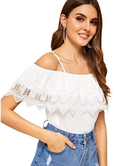 Women's Spaghetti Strap Cold Shoulder Tops Short Sleeve Lace Trim Shirt Blouse