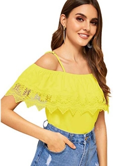 Women's Spaghetti Strap Cold Shoulder Tops Short Sleeve Lace Trim Shirt Blouse