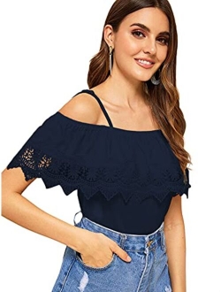 Women's Spaghetti Strap Cold Shoulder Tops Short Sleeve Lace Trim Shirt Blouse