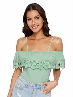 Women's Spaghetti Strap Cold Shoulder Tops Short Sleeve Lace Trim Shirt Blouse