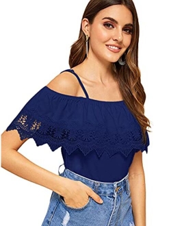 Women's Spaghetti Strap Cold Shoulder Tops Short Sleeve Lace Trim Shirt Blouse