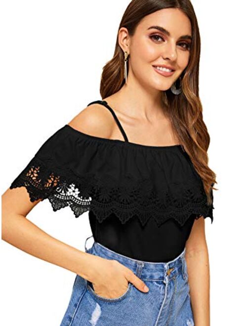 SweatyRocks Women's Spaghetti Strap Cold Shoulder Tops Short Sleeve Lace Trim Shirt Blouse