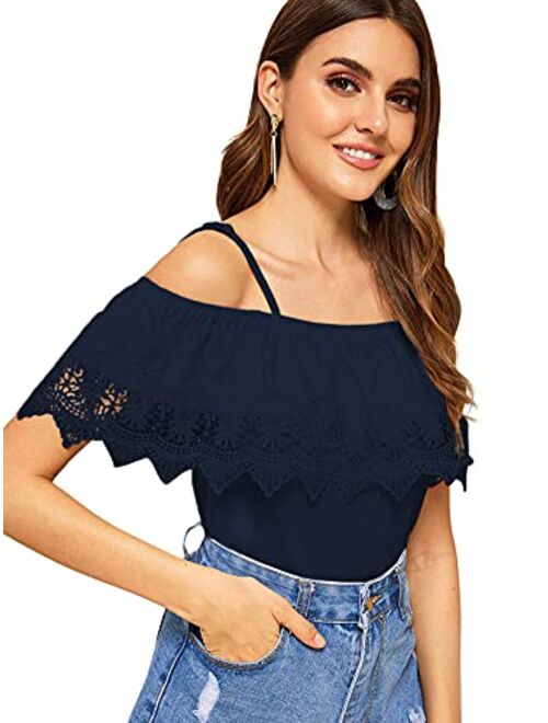 SweatyRocks Women's Spaghetti Strap Cold Shoulder Tops Short Sleeve Lace Trim Shirt Blouse