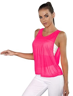 Women's Sleeveless Scoop Neck Shirt Contract Mesh Racerback Tank Top