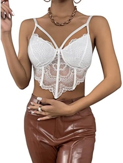 Women's Spaghetti Strap Lace Camisole Bustier Solid Crop Cami Top