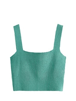 Women's Sleeveless Solid Knit Straps Crop Tank Tops