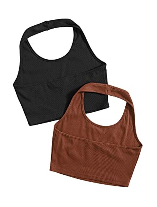 SweatyRocks Women's 2 Pack Basic Rib Knit Crop Halter Top Sleeveless Vest