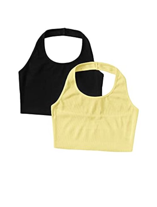 SweatyRocks Women's 2 Pack Basic Rib Knit Crop Halter Top Sleeveless Vest