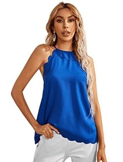 Women's Sleeveless Halter Cami Tank Top Scallop Trim Blouse Shirt