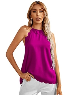 Women's Sleeveless Halter Cami Tank Top Scallop Trim Blouse Shirt