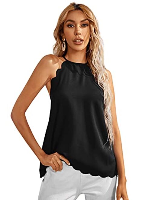 SweatyRocks Women's Sleeveless Halter Cami Tank Top Scallop Trim Blouse Shirt