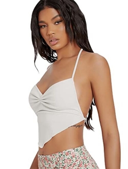 Women's Sleeveless Backless Hanky Hem Ruched Halter Crop Cami Top