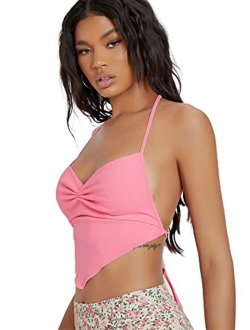 Women's Sleeveless Backless Hanky Hem Ruched Halter Crop Cami Top