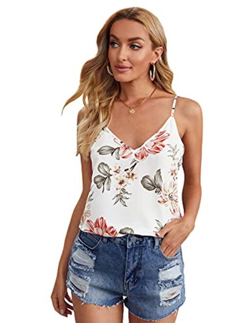 SweatyRocks Women's V Neck Floral Print Cami Tank Top Sleeveless Blouse Shirt