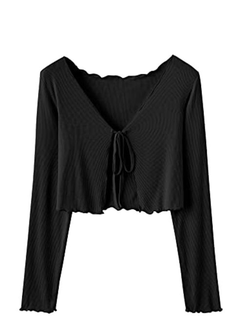 SweatyRocks Women's Long Sleeve V Neck Crop Top Tie Front Ribbed Knit Tee Shirt