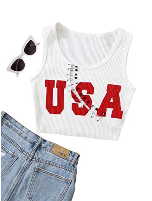 SweatyRocks Women's Women's Sleeveless Pin Front Letter Graphic Casual Cool Crop Tank Top