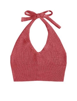 Women's Halter Backless Sleeveless Knit Crop Cami Tank Top