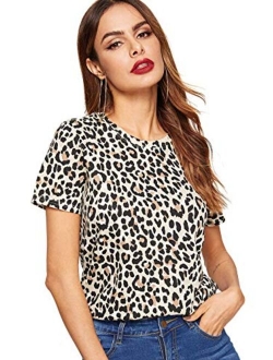 Women's Leopard Print Short Sleeve Round Neck Casual T Shirt Tops