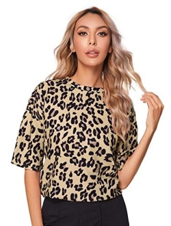 Women's Leopard Print Short Sleeve Round Neck Casual T Shirt Tops