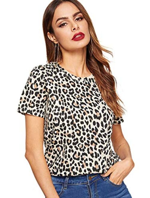 SweatyRocks Women's Leopard Print Short Sleeve Round Neck Casual T Shirt Tops