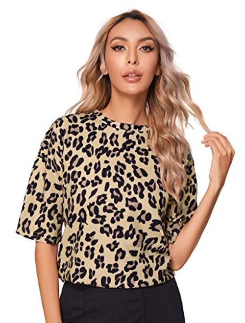 SweatyRocks Women's Leopard Print Short Sleeve Round Neck Casual T Shirt Tops