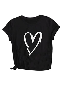 Women's Heart Print T Shirts Summer Funny Short Sleeve Tops for Teen Girl