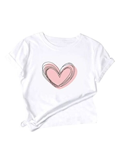 Women's Heart Print T Shirts Summer Funny Short Sleeve Tops for Teen Girl