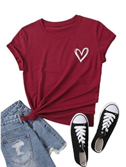 Women's Heart Print T Shirts Summer Funny Short Sleeve Tops for Teen Girl