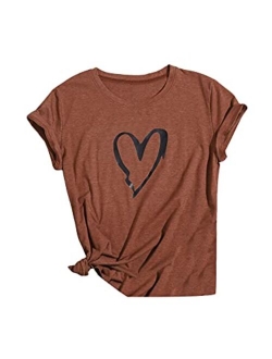 Women's Heart Print T Shirts Summer Funny Short Sleeve Tops for Teen Girl