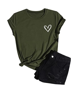 Women's Heart Print T Shirts Summer Funny Short Sleeve Tops for Teen Girl