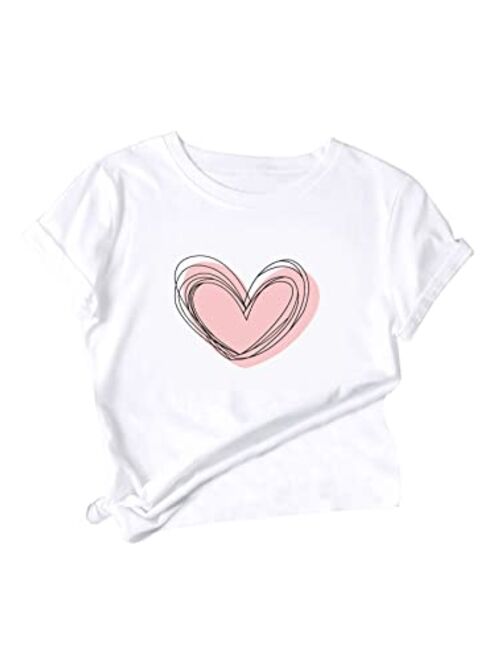 SweatyRocks Women's Heart Print T Shirts Summer Funny Short Sleeve Tops for Teen Girl