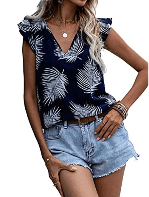 SweatyRocks Women's Casual V Neck Ruffle Cap Sleeve Blouse Tee Shirt Top