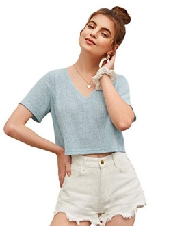 Women's Casual Short Sleeve Crop Top Round Neck Tee Shirt