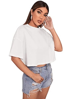 Women's Casual Short Sleeve Crop Top Round Neck Tee Shirt