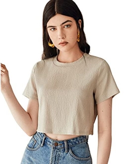 Women's Casual Short Sleeve Crop Top Round Neck Tee Shirt