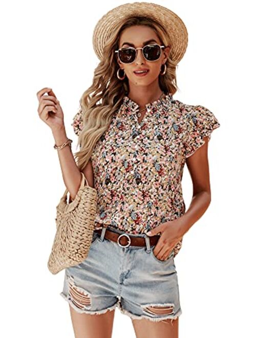 SweatyRocks Women's Casual V Neck Short Sleeve Frill Trim Blouse Shirt Top